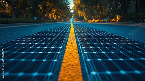 A closeup showcases solar panels integrated into a roadway, symbolizing innovation. It represents eco-friendly infrastructure and sustainable energy. The setting suggests progress towards green living
