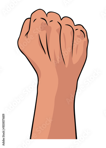 Rised fist hand gesture drawn emblem. Vector hand clenched into fist and rising up, symbol isolated on white background. Power sign. Human hand up in the air