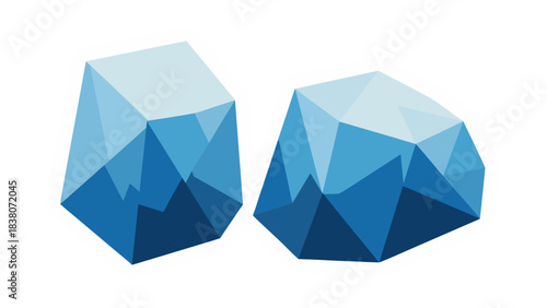 Two blue geometric ice cubes with sharp edges and faceted surfaces isolated on a white background with subtle shadow casting a cool and refreshing atmosphere