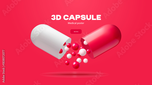 Background with realistic 3d capsule. Medical, pharmacy, healthcare, hospital, clinic, telemedicine, insurance, biotechnology concept. Vector illustration.