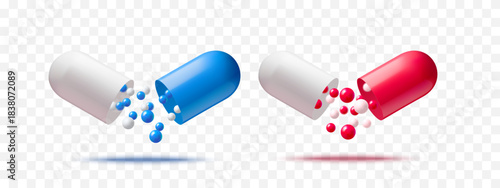 Set of realistic 3d capsules. Isolated background. Medical, pharmacy, healthcare, hospital, clinic, telemedicine, insurance, biotechnology concept. Vector illustration.