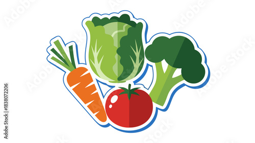 Vibrant Assortment Of Fresh Vegetables Including A Carrot Lettuce Tomato And Broccoli On A Black Background With White Outline