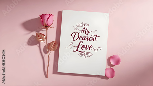 Elegant pink rose stands beside a heartfelt message card reading my dearest love for romance