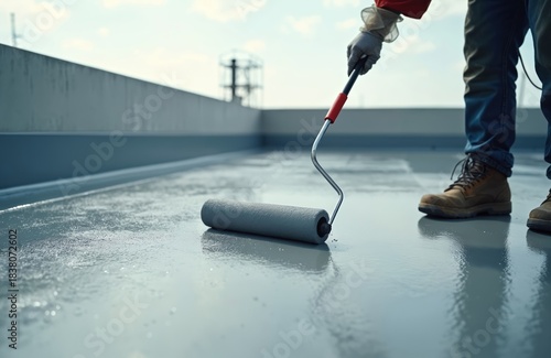 Construction worker applies waterproofing coating with a roller on a flat rooftop. Building exterior protection during daytime. Contractor reinforces gray floor.