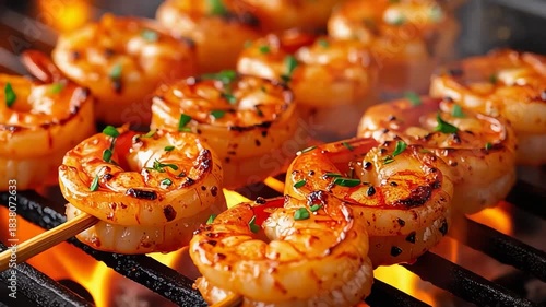 Juicy grilled shrimp skewers sizzling over open flames, seasoned with herbs and spices for a flavorful seafood barbecue.
