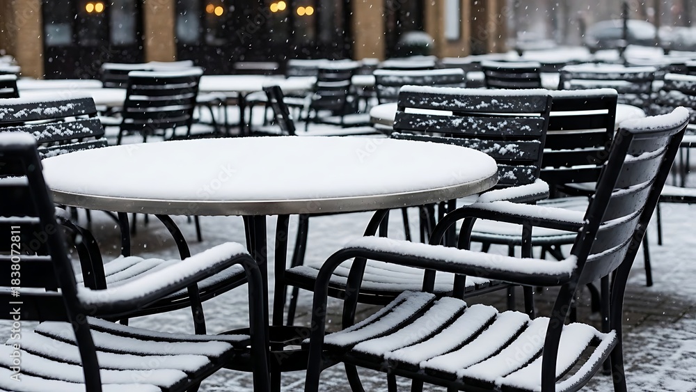 Naklejka premium Outdoor cafe patio furniture covered in fresh snow during winter, empty tables and chairs in the cold weather