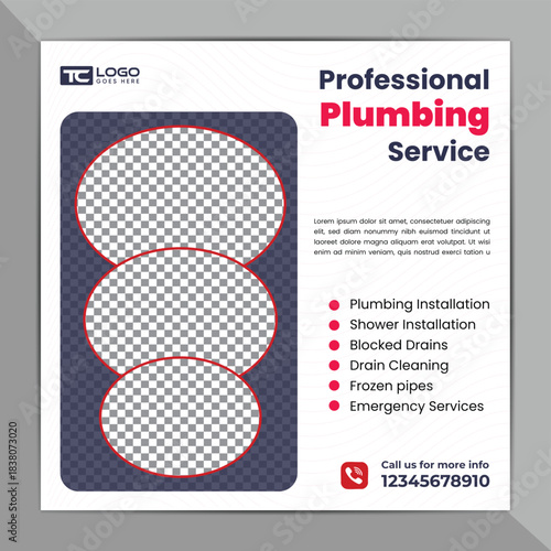 Plumbing service social media post banner template with professional handyman home repair web banner design layout.