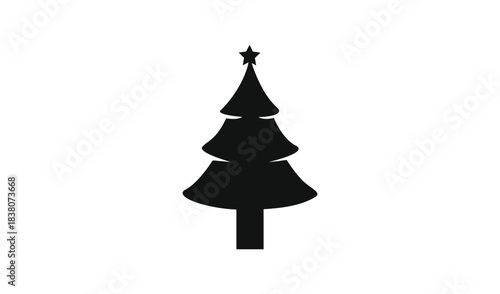 Simple black silhouette of a decorated christmas tree with a star