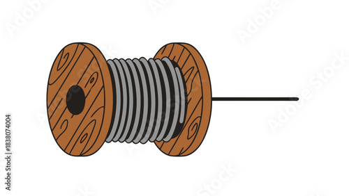 Wooden Spool With Wrapped Wire On Black Background