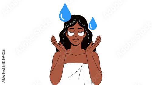 Worried Young Woman With Dark Skin Wrapped In A White Towel With Eye Patches On Her Eyes And Sweating Profusely Against A Black Background Studio Lighting