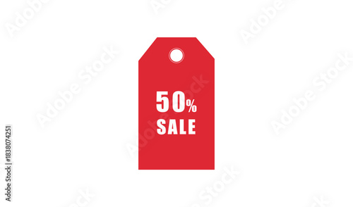 Red sale tag with fifty percent off announcement