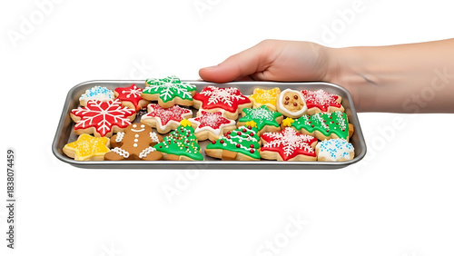 Hand holding a tray of assorted colorful christmas holiday sugar cookies isolated on white isolated on transparent background