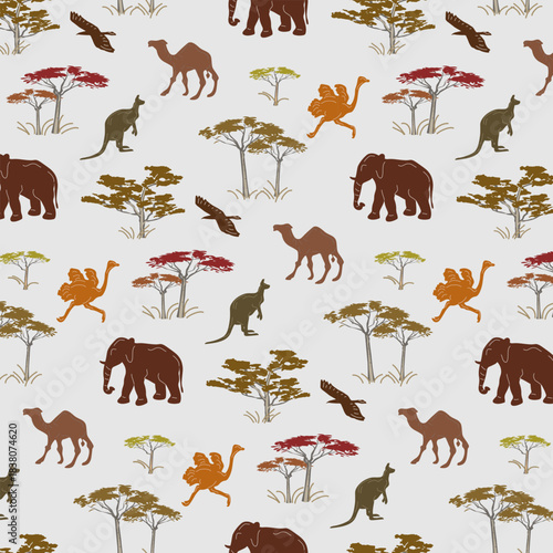 Wild animals among trees on a light background in a stylized pattern.Vector pattern of stylized wild animals and trees on a gray background.