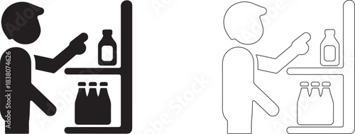 Man points to a bottle on a shelf. Editable vector icon.