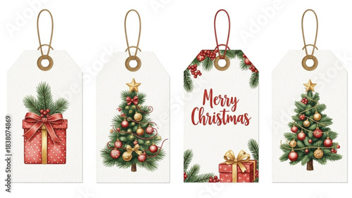 Watercolor Christmas Gift Tags with Trees, Presents and Holiday Decorations, Festive Printable Label Set