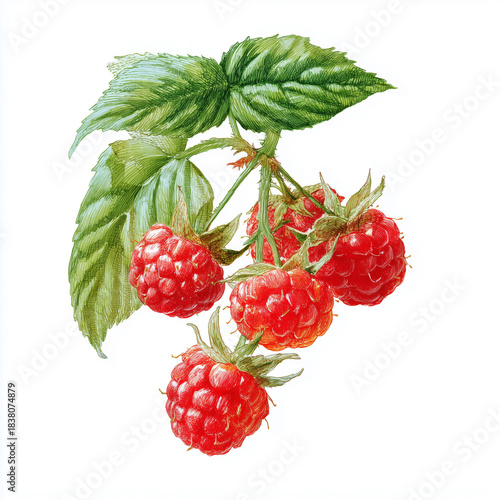 Fresh raspberries on a green vine with leaves in a simple setting