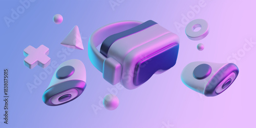 Realistic virtual reality glasses with joysticks 3D plastic style vector illustration, gamepad, video game equipment
