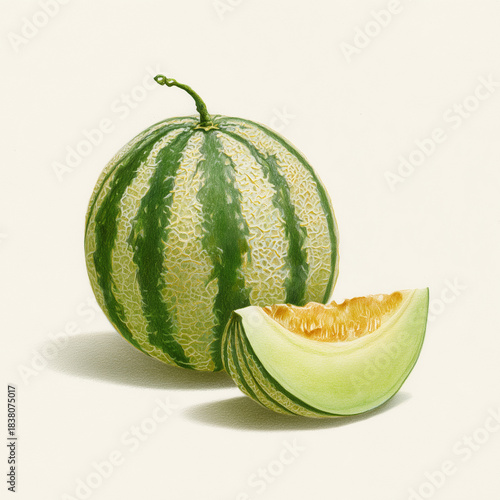Melon sitting next to a sliced piece on a plain background showcasing fresh fruit contrast