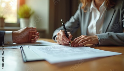 Woman signs contract with pen at desk in office. Business agreement completed. Paperwork signing. Partner awaits signature. Successful business transaction. Loan approval, financial commitment. New
