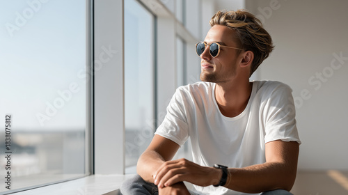 Young man with sunglasses and white t-shirt, sitting near window, enjoying the sunlight in a modern, minimalist interior.