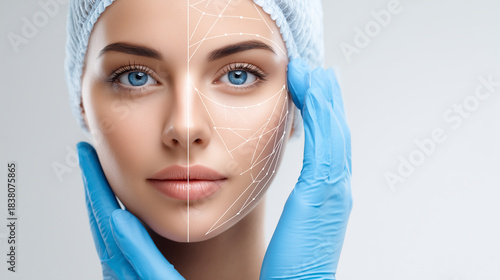 Woman with hairnet and blue gloves gently touches her face with digital facial analysis overlay as symbol of beauty or cosmetic surgery consultation.