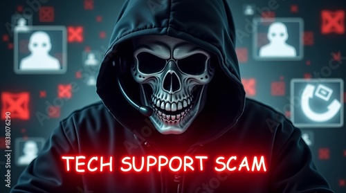 A masked figure with a skull face wears a headset, representing the concept of tech support scams in a dark, ominous setting.