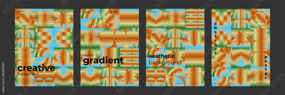 Obraz premium Vibrant abstract gradient posters collection with futuristic Y2K vibe. Soft holographic and geometric designs ideal for trendy blogs, sites, covers, and digital branding