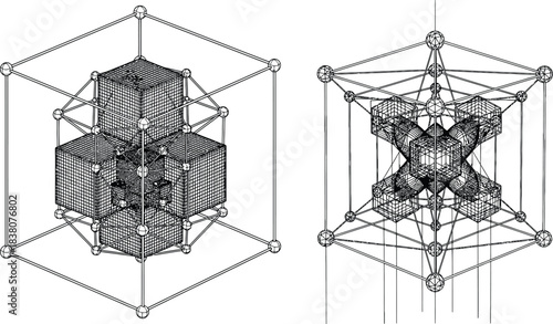 Abstract geometric wireframe models illustrating complex spatial concepts