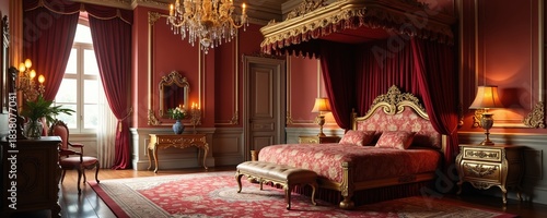 Luxury royal bedroom with ornate gold four poster bed and antique furnishings. Rich red velvet drapes and crystal chandelier create opulent atmosphere for royalty. Antique furniture adorns room.