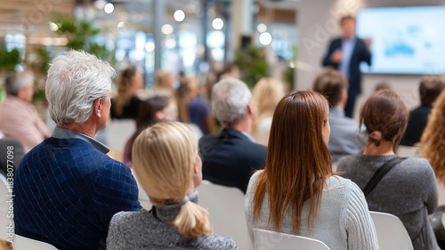 Attendees a business conference listening a speaker, learning and exchanging ideas during presentation workshop