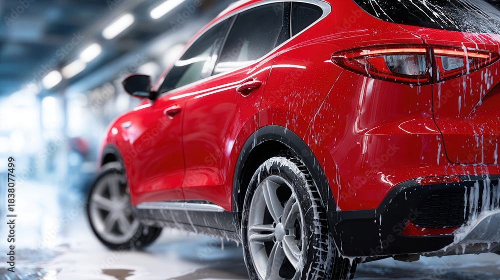 Fototapeta premium Red car undergoing automatic wash, covered in cleansing foam and water service care for vehicle