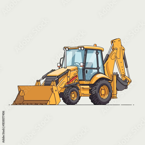 Detailed illustration of a yellow backhoe loader ready for construction site tasks