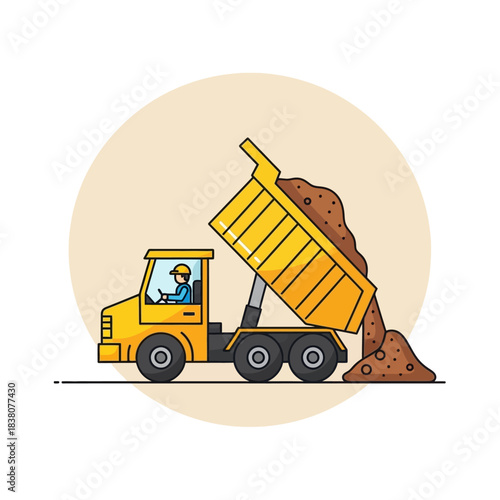 A vibrant cartoon illustration of a dump truck unloading soil in a construction site scenario