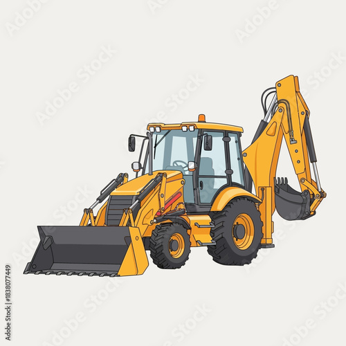 Detailed backhoe loader illustration displaying robust construction equipment design and capability