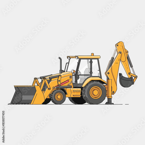 Detailed vector illustration of a yellow backhoe loader used in excavation processes