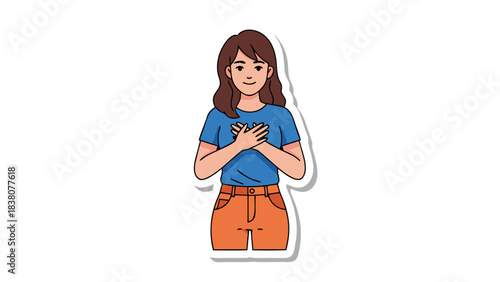 Young Woman Holding Chest with Hands Closed Eyes in Blue Shirt and Orange Pants Expressing Gratitude Sadness or Heartfelt Emotion Against Black Background Simple Flat Illustration