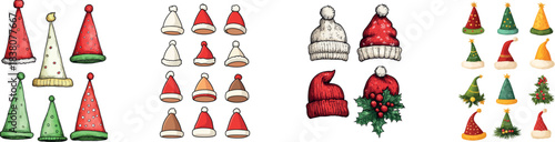 A modern clip art illustration featuring cartoon Christmas hats with simple gradients, where each hat is placed on a separate layer