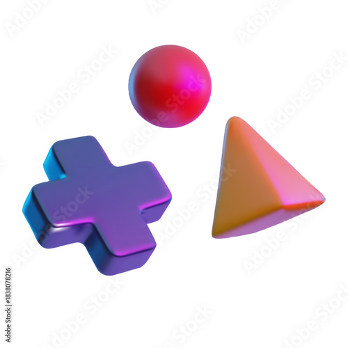 Sphere, cone and cross volume shapes 3D model icon, geometric figures glossy surface, vector game metaverse concept
