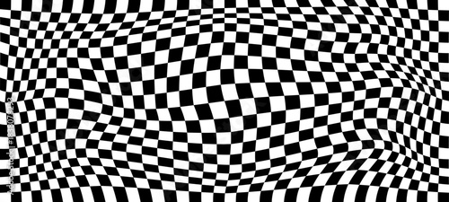 Distorted checkerboard background, wavy psychedelic chessboard pattern, checkered bg