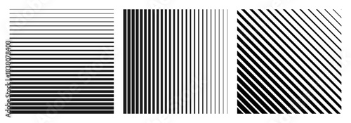 Linear halftone gradation texture set, transition from thick to thin striped lines patterns - vector