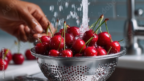 Washing fresh red cherries under running water a metal colander, preparing healthy fruit clean and sweet
