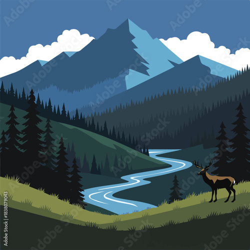 Isolated a atmospheric landscape with color of mountains, hills, forest, and deer vector art with white background.