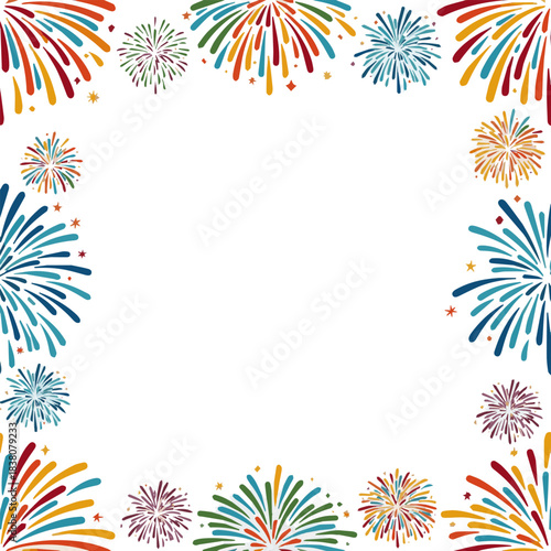 Isolated a decorative border with colorful exploding fireworks in the sky - celebration card, festival banner vector art with white background.