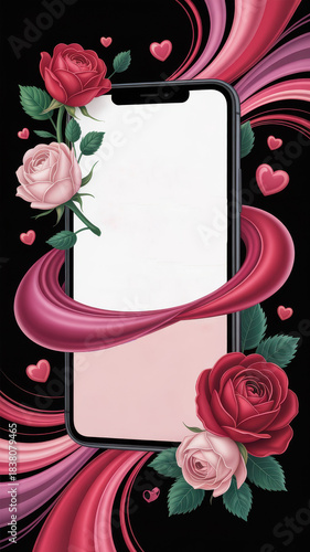 Romantic smartphone frame design with red and pink roses swirling ribbon hearts and blank screen for love message or valentines greeting