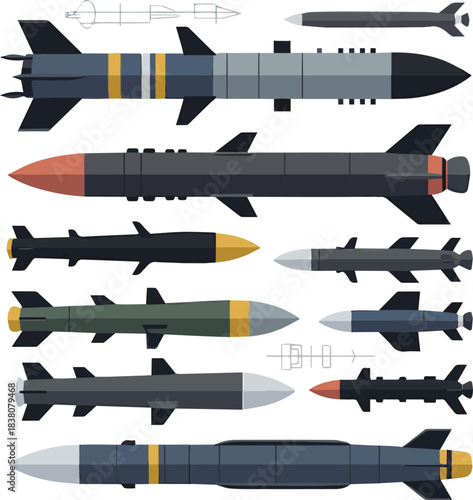 Isolated a kinds of deferent Missile vector art with white background.