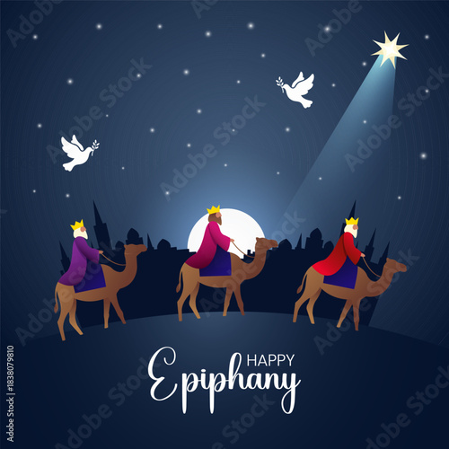 Vector illustration of Happy Epiphany Day, Three wise men on camels in a beautiful landscape night background.