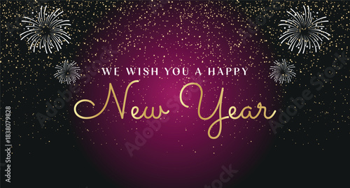 We wish you Happy New Year handwritten lettering typography sparkle firework gold white gradient background