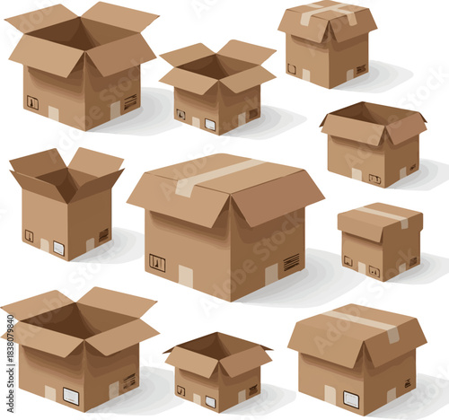 Isolated a kinds of deferent empty brown opened cube cardboard boxes with shadows, against a white background.vector art with white background.