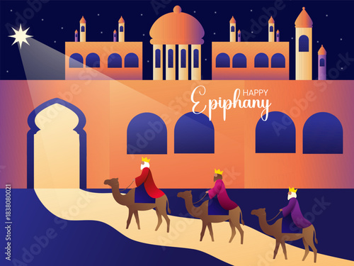 Vector illustration of Happy Epiphany Day, Three wise men on camels in a beautiful landscape night light background.