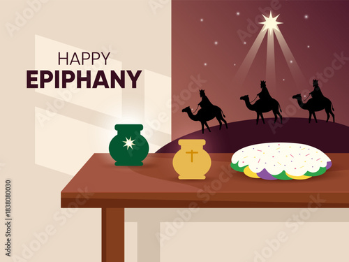 Vector illustration of Happy Epiphany Day, Three wise men on camels in background and celebration food and elements in a table.